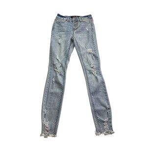Indigo Rein Womens Distressed Skinny Jeans 0 Blue Denim Frayed Hem Button Fly